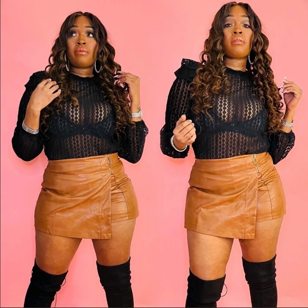 Black Sheer Crochet Mock Neck Long Sleeve Blouse